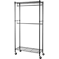 Amazon Basics - Perchero de ropa de doble barra con ruedas- Negro